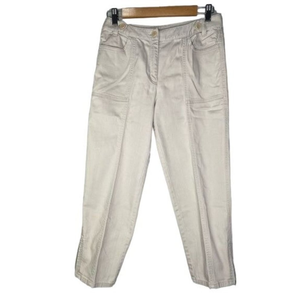 Talbots ladies denim capri jeans zipper cuffs cotton tan cream size 6